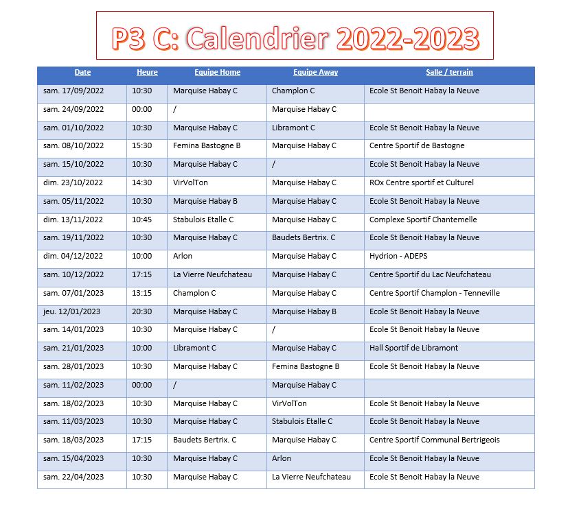Calendrier saison 2022-2023: équipe P3C – VC la Marquise